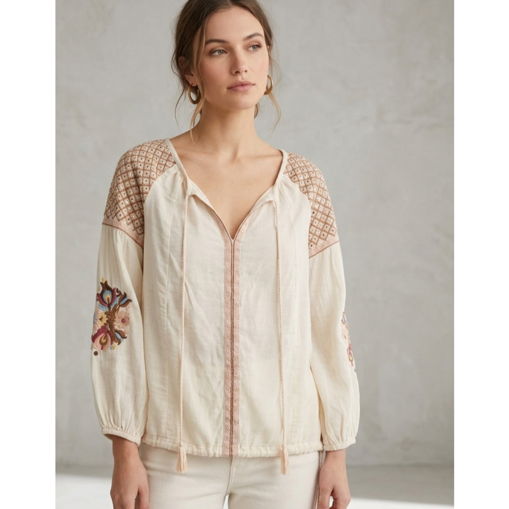 Hitchhiker‎ Boho Embroidered Sequin Tassel Peasant Blouse Cream Small